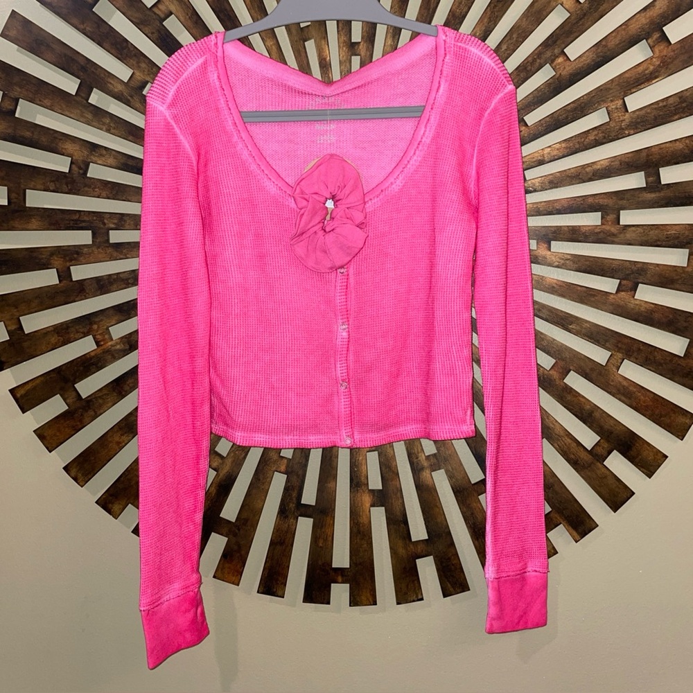 Sundown Waffle Texture Snap Front Closure Pink Ribbed Juniors Top L